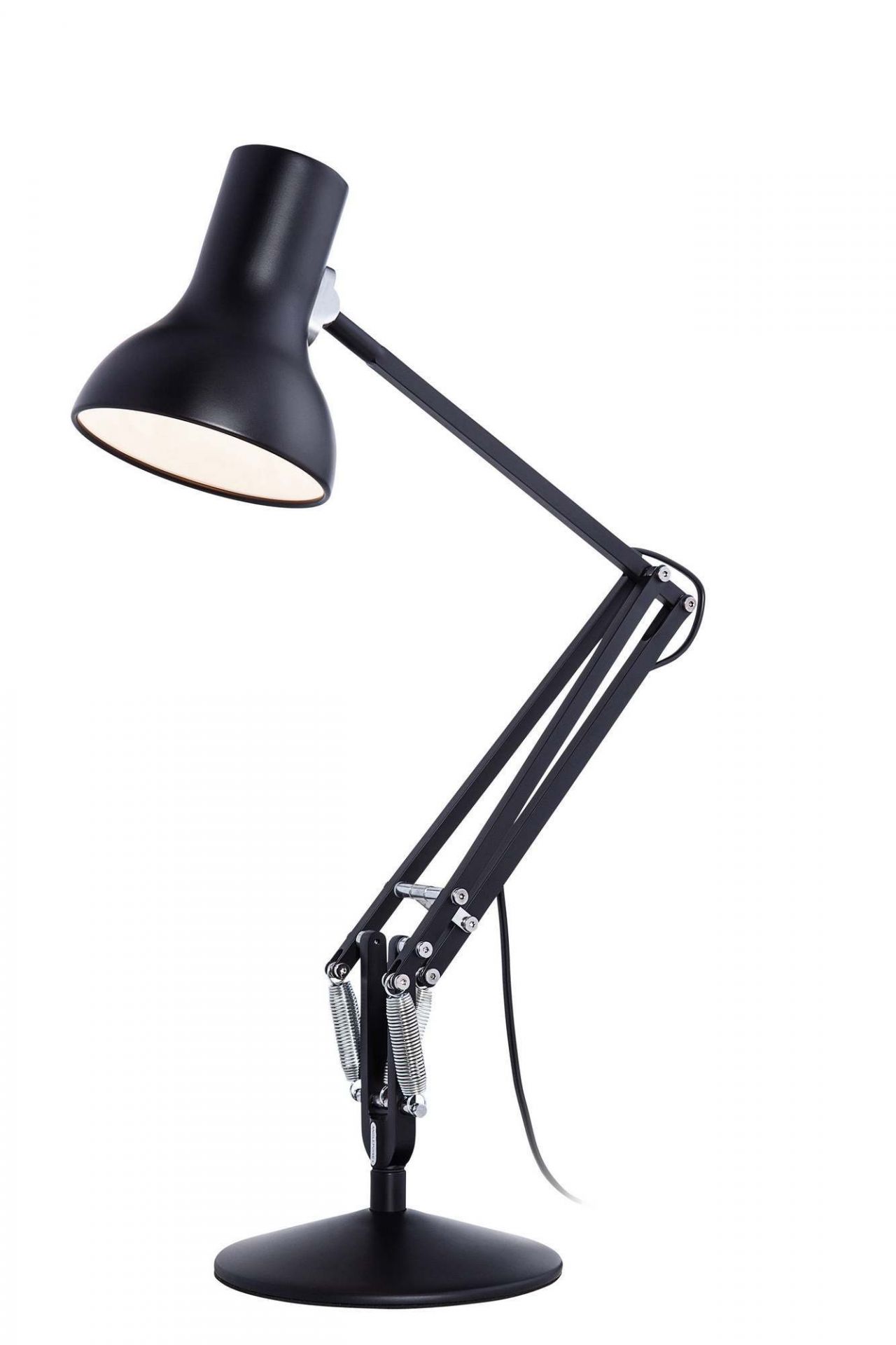 Schwarze Anglepoise Type 75 Mini Tischleuchte mit verstellbarem Arm und Lampenschirm für Schreibtisch oder Nachttisch.